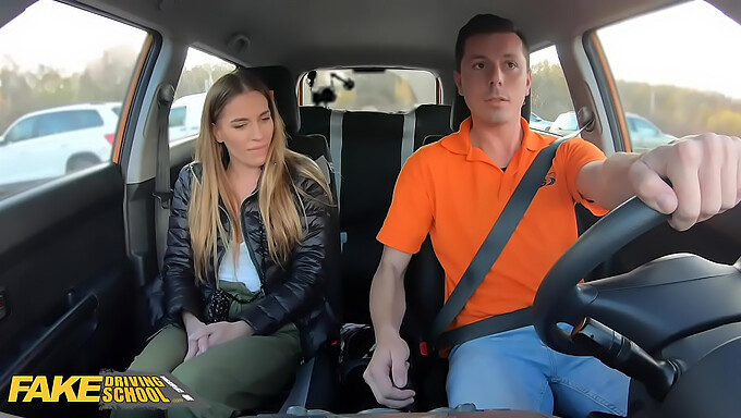 Eveline Dellai's steamy backseat encounter in FakeDrivingSchool video