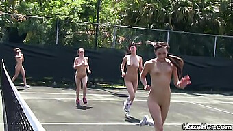 Tennis Court Initiation With Amateur College Girls